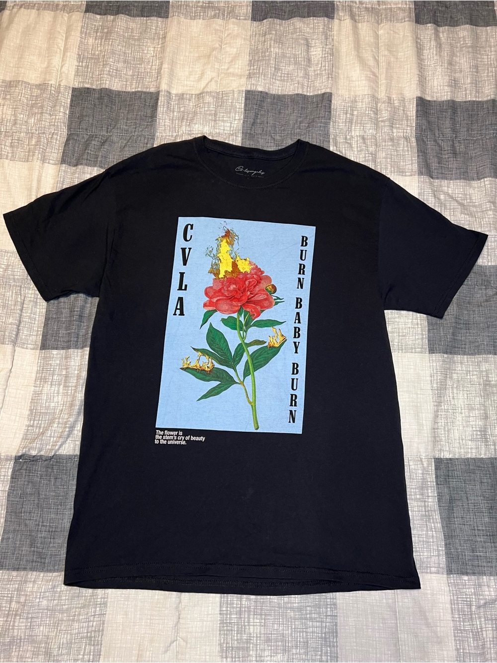 Burn Baby Burn Black Graphic Tee with Red Floral Print